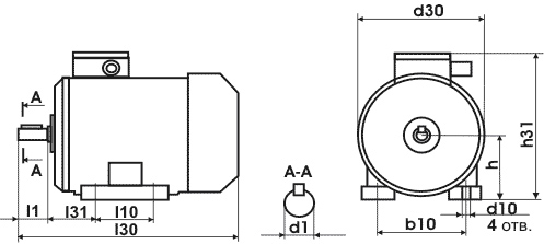 Габаритный чертеж электродвигателя серии ВА, АИМ исполнение 1001