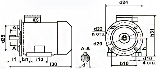 Габаритный чертеж электродвигателя серии ВА, АИМ исполнение 2001